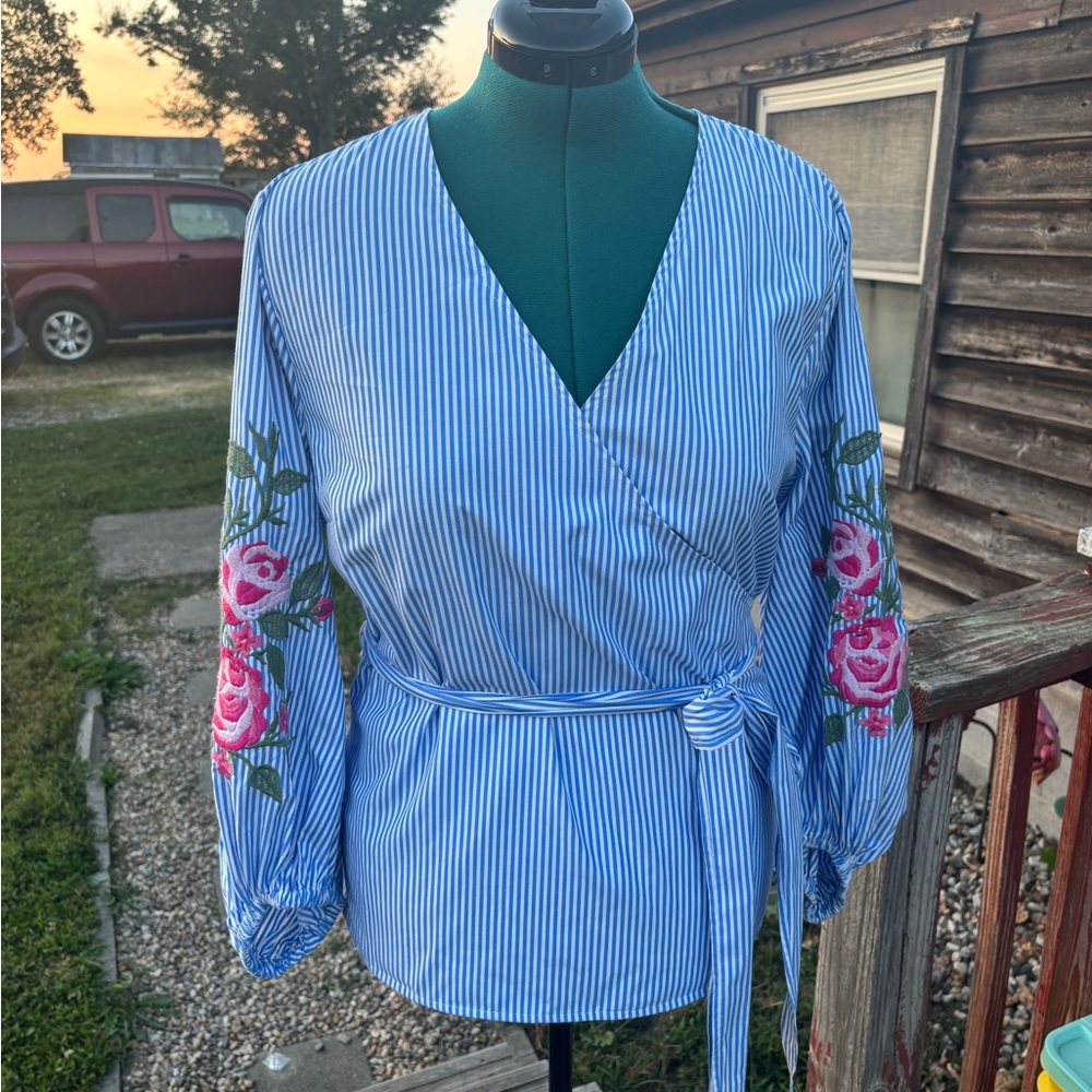 INC International Concepts Blue Striped Blouse with Pink Floral Embroidery